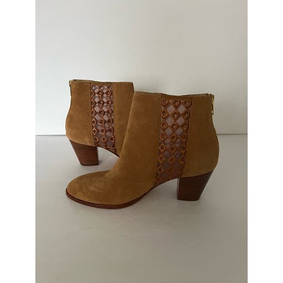 Anthropologie Women's Camel Suede Sheer Back Zip Boots Close Toe Tan Size 9M - Picture 6 of 12